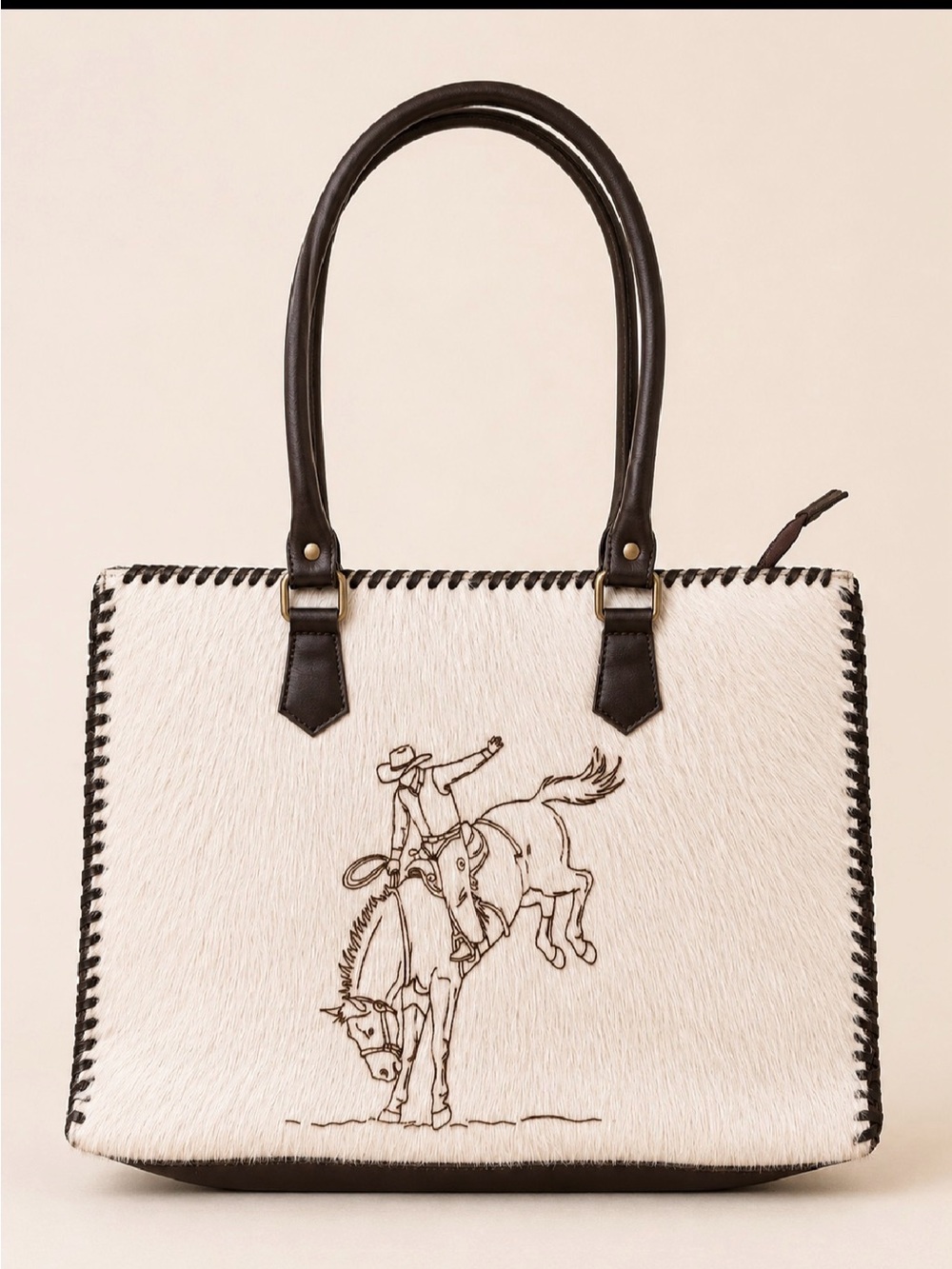 Cowhide Rodeo Tote Bag in Ivory and Dark Brown leather